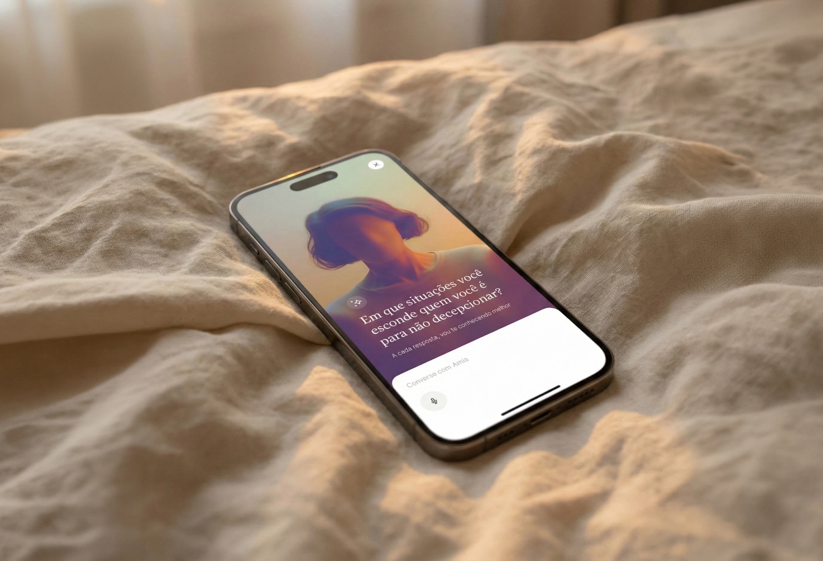 A phone resting on a linen bed, showing Amia asking a reflective question in Portuguese.
