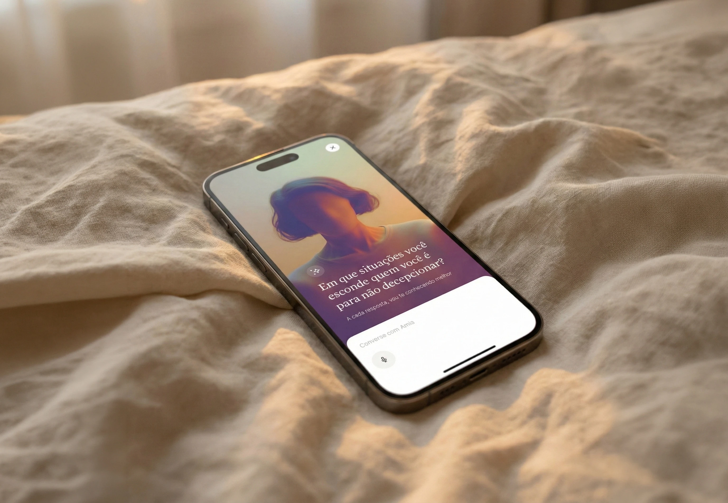 Um celular sobre uma cama de linho mostra a Amia fazendo uma pergunta reflexiva em português.