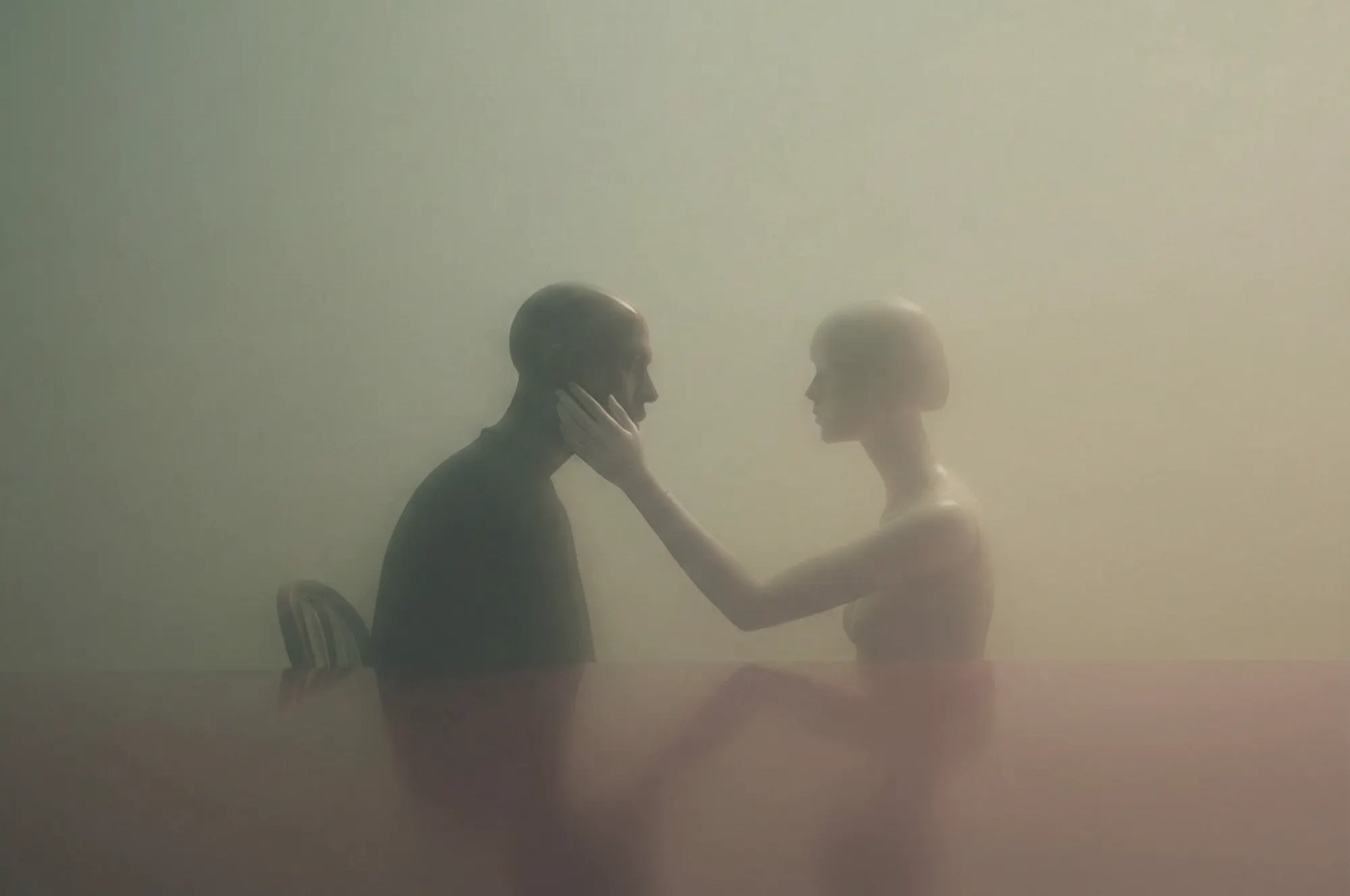 A man and a robotic mannequin surrounded by mist; the mannequin reaches toward the man's face in a gesture of comfort.