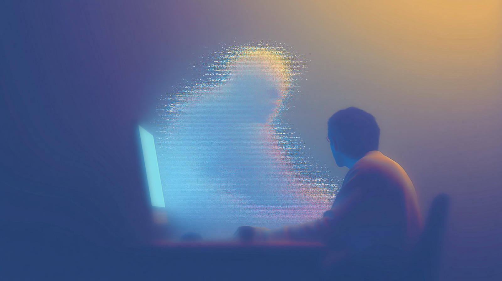 A person sitting at night in front of a glowing screen, while an abstract human form seems to emerge in pixels and bluish mist.