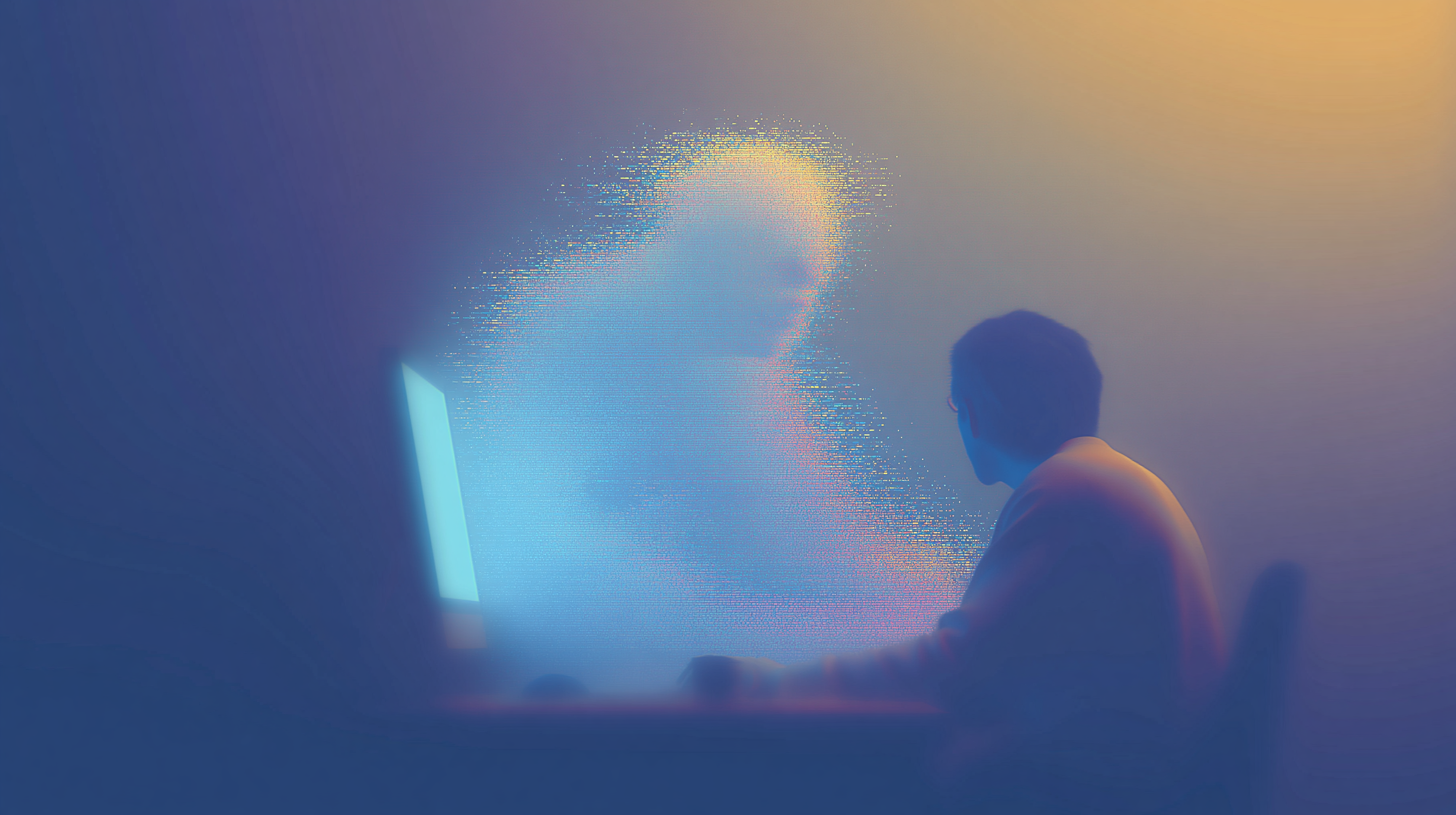 Pessoa sentada à noite diante de uma tela luminosa, enquanto uma forma humana abstrata parece emergir em pixels e névoa azulada.