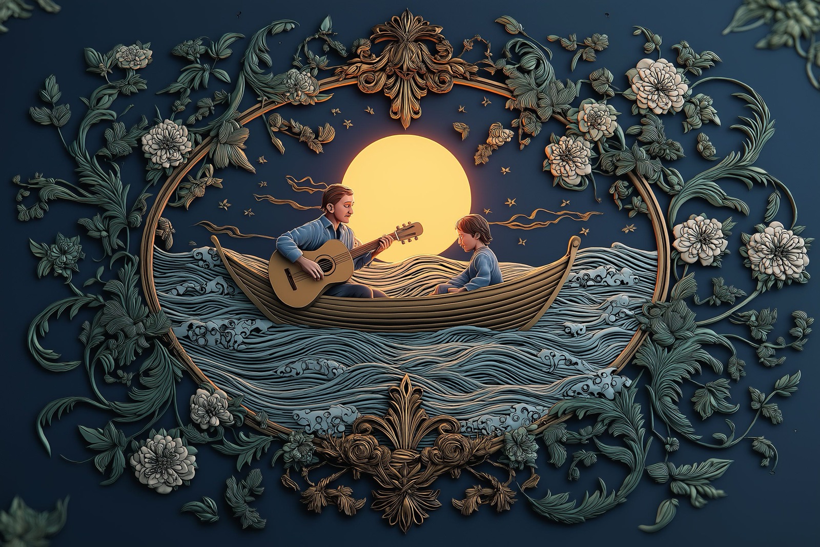 Illustration of a musician teaching his son about string tension, representing the balance between effort and ease