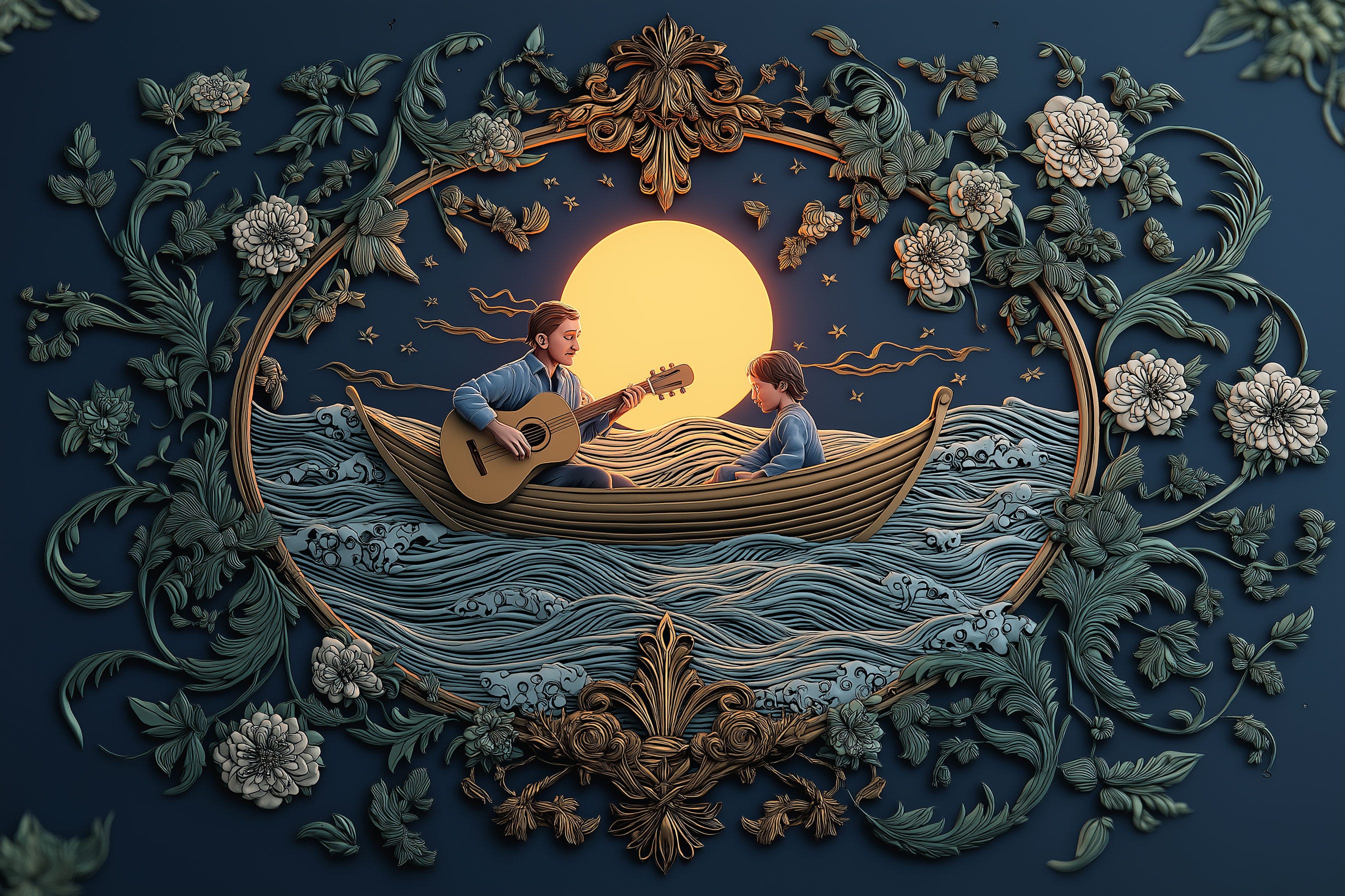Illustration of a musician teaching his son about string tension, representing the balance between effort and ease