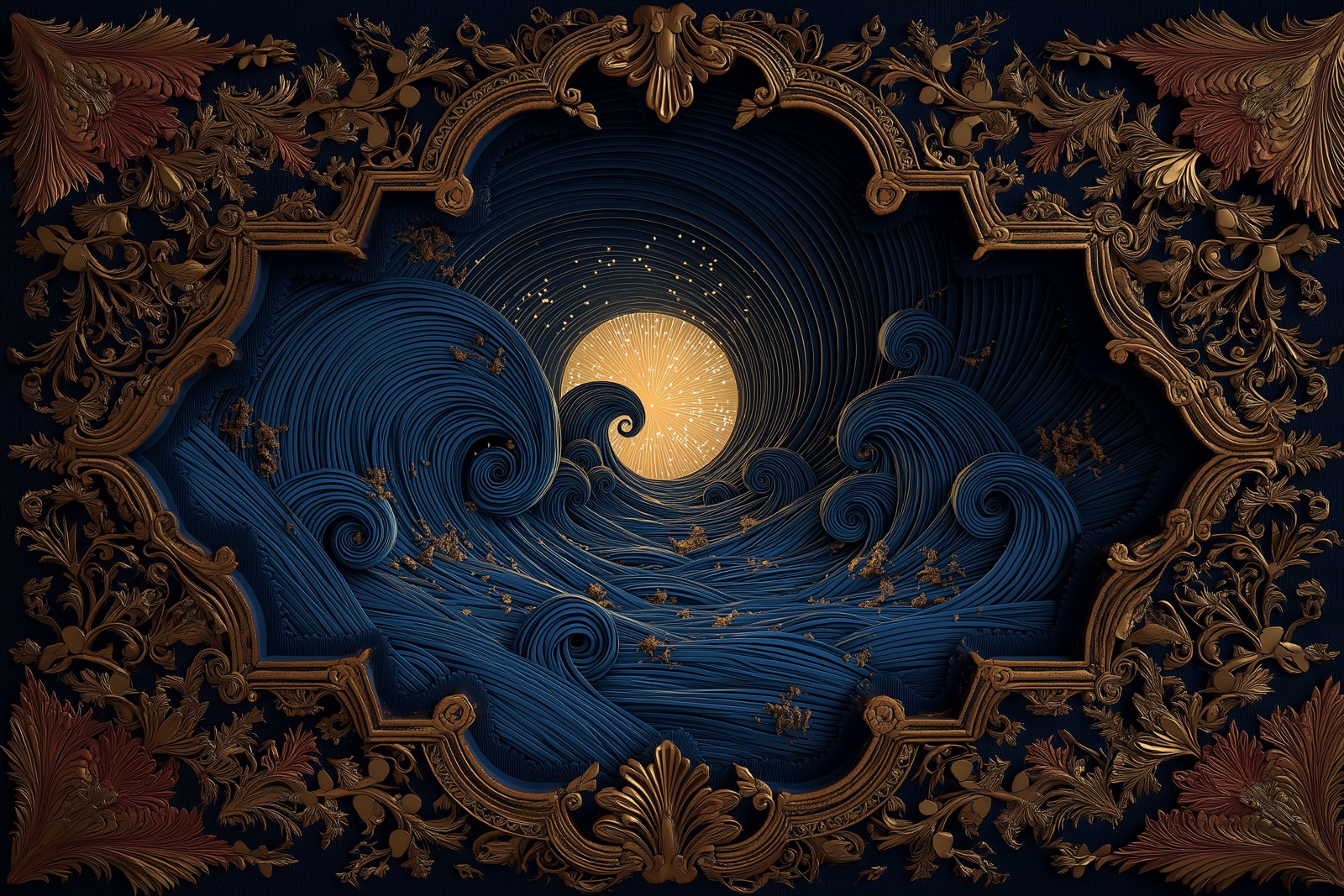 Ondas azuis ornamentais avançam em direção a uma luz dourada, representando o equilíbrio entre esforço e fluidez.