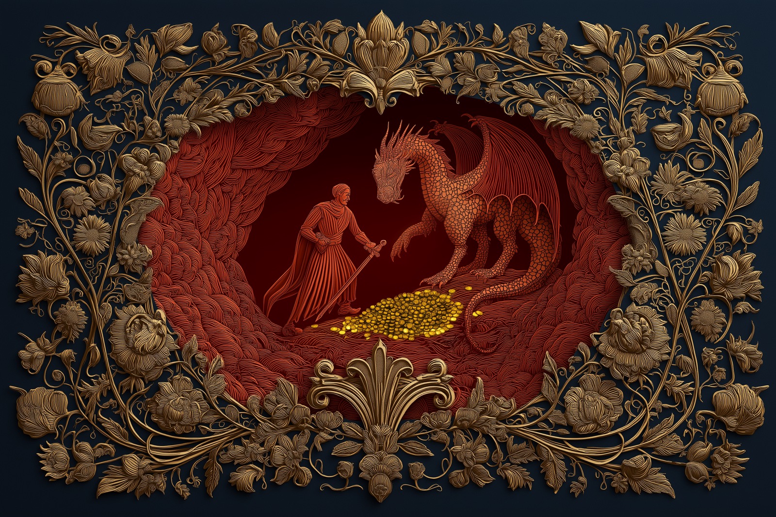 Illustration of a hero’s journey: a figure facing a dragon that guards the treasure, symbolizing the obstacles that force transformation