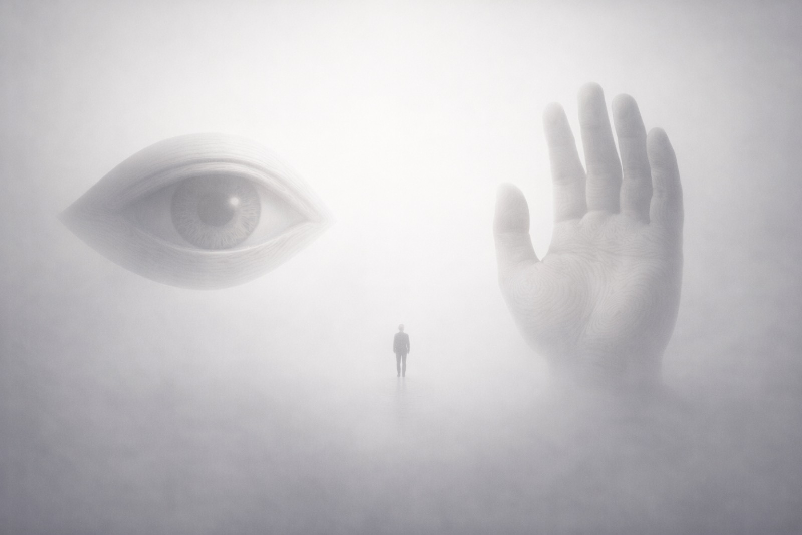 A tiny human figure standing between a giant eye and an open hand suspended in the mist, rendered in tones of white.