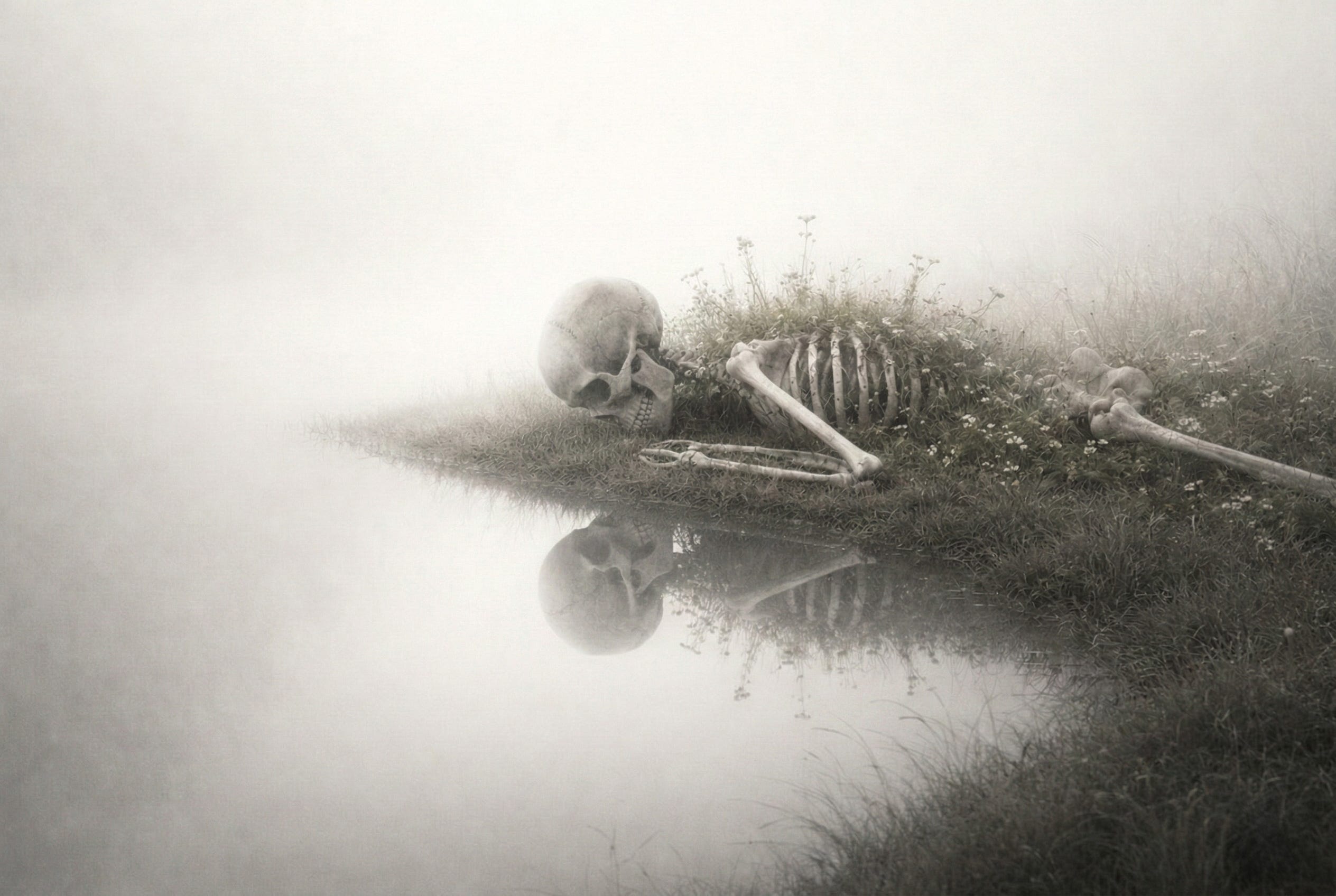 Esqueleto humano deitado à beira de um lago enevoado, parcialmente coberto por vegetação e flores silvestres, com seu reflexo visível na água parada.