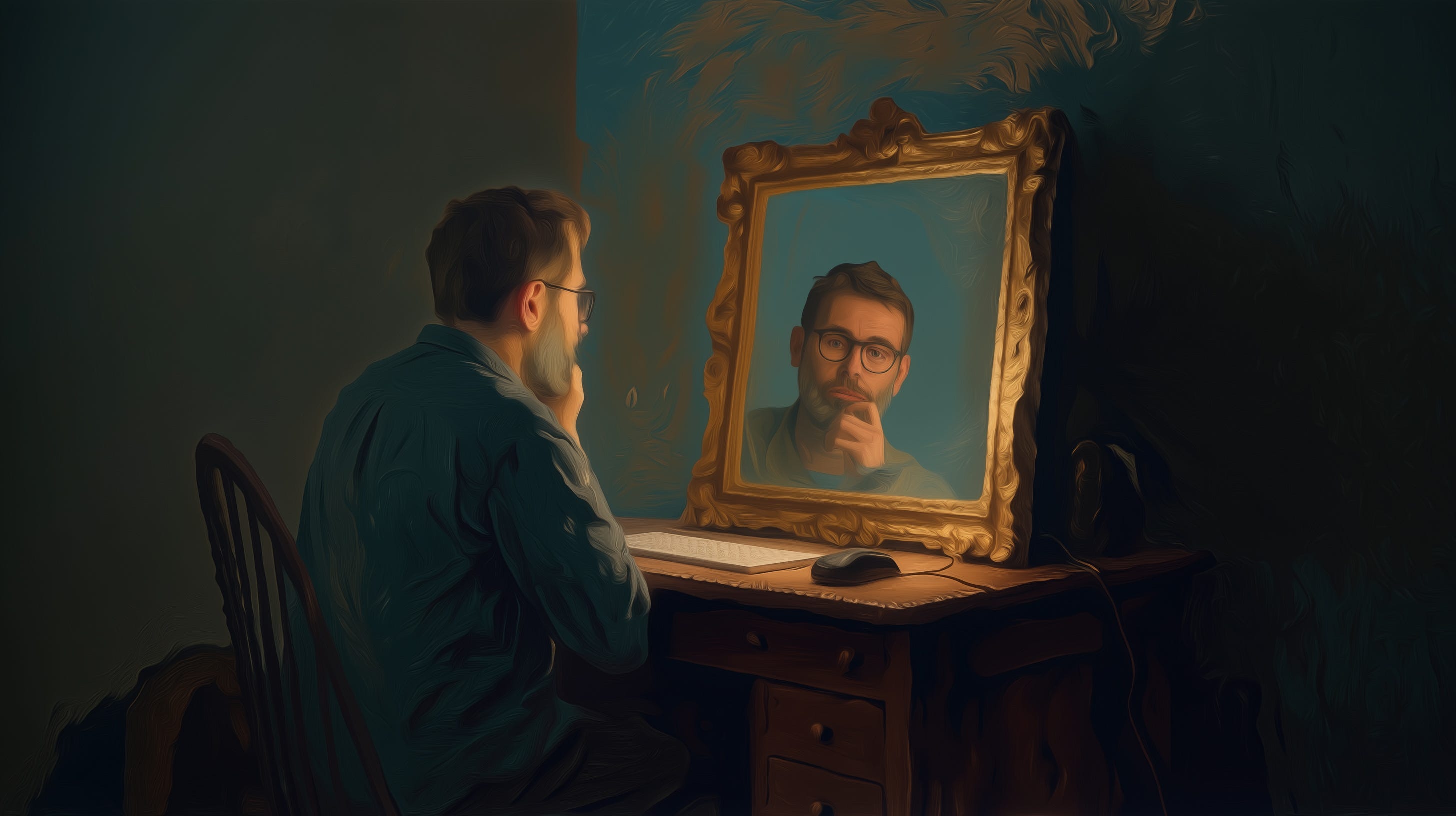 A designer sits at a wooden desk, gazing contemplatively at his reflection in an ornate golden mirror. The scene is painted in warm, atmospheric lighting reminiscent of classical oil paintings, with the mirror acting as a metaphor for self-reflection and creative introspection.