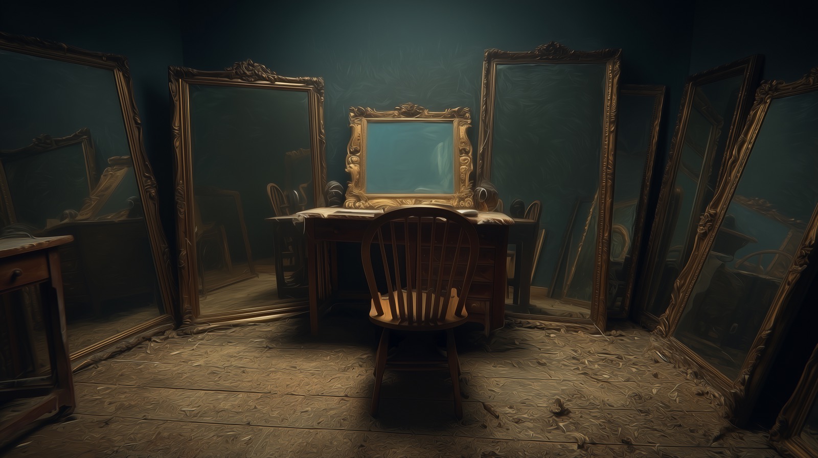 An empty wooden chair sits at a desk surrounded by multiple ornate golden mirrors of various sizes. The atmospheric, dimly lit room creates a haunting representation of isolation and self-reflection, with the mirrors suggesting an echo chamber of one’s own thoughts and perspectives.