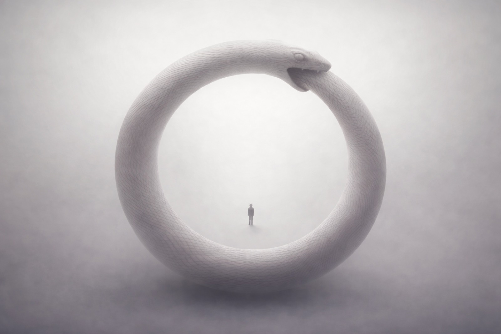 A diminutive human figure standing inside a circle formed by a white serpent devouring its own tail — the ouroboros symbol.