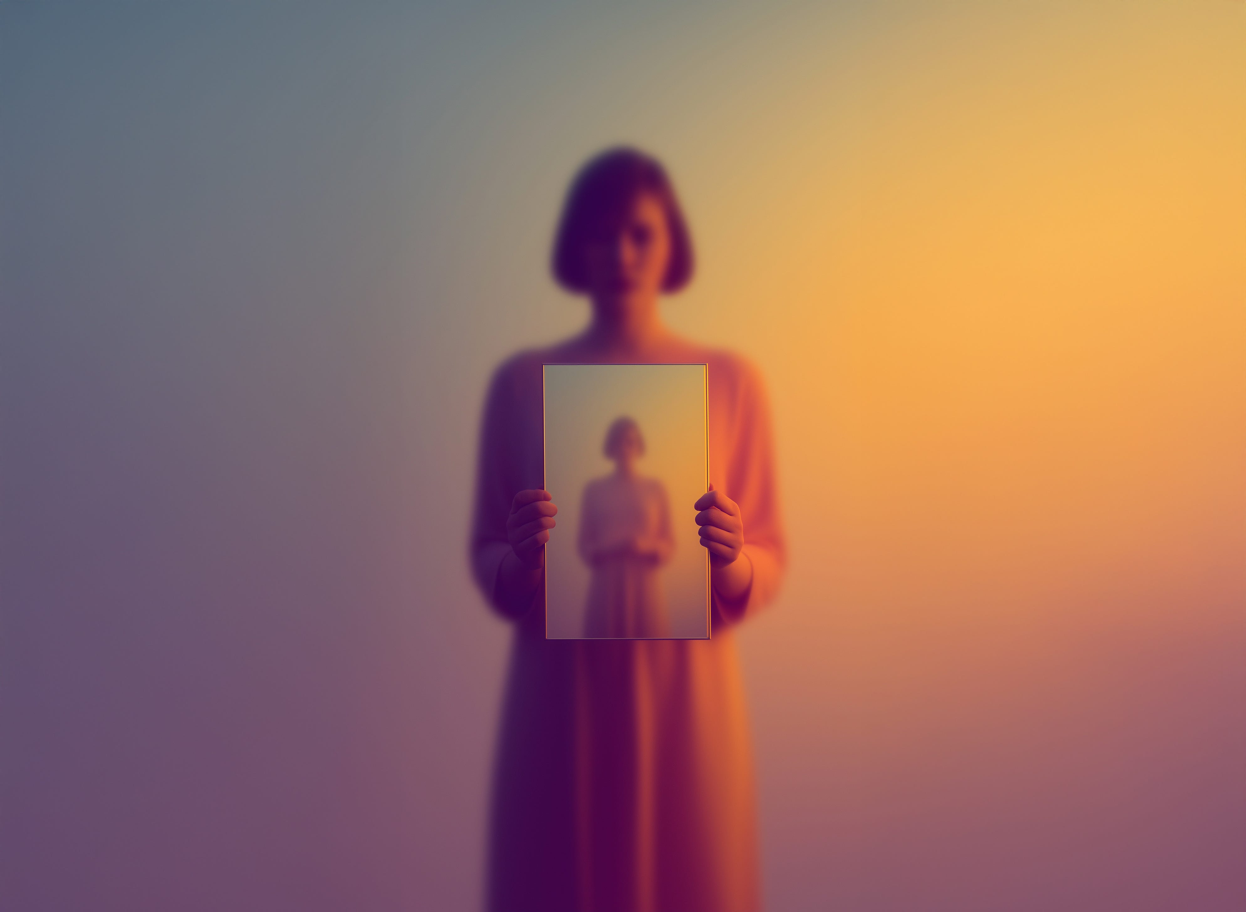 Silhueta de mulher segurando um espelho com reflexo difuso em gradiente suave. Representação visual da Amia, uma IA focada em autoconhecimento e design de consciência.