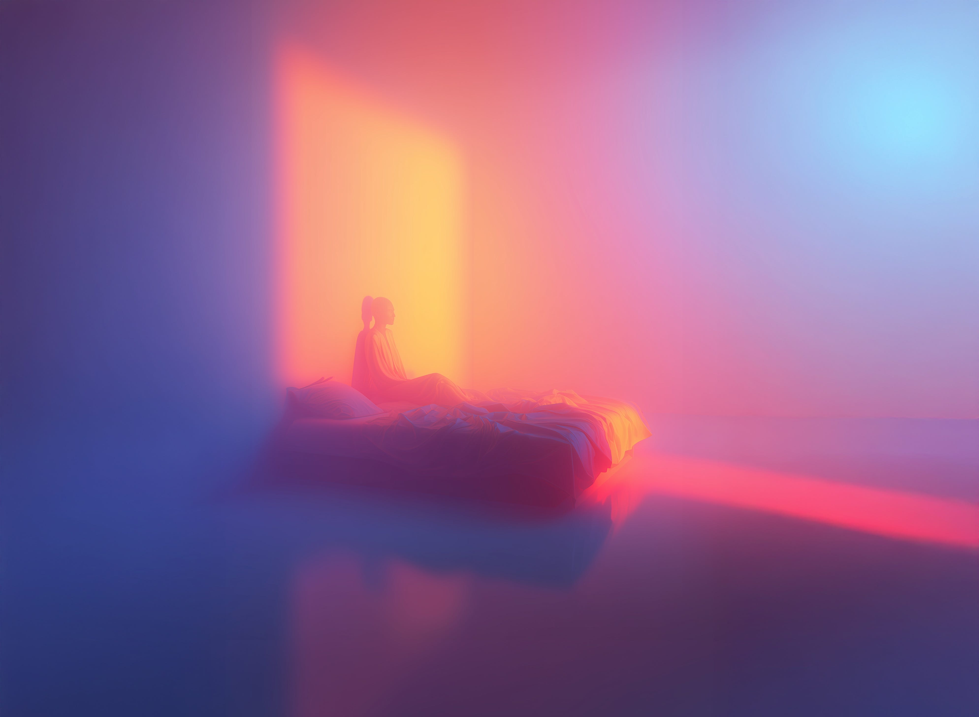 Mulher sentada sozinha em um quarto iluminado por luz laranja suave e acolhedora, evocando um espaço seguro de escuta, solidão reflexiva e introspecção digital.