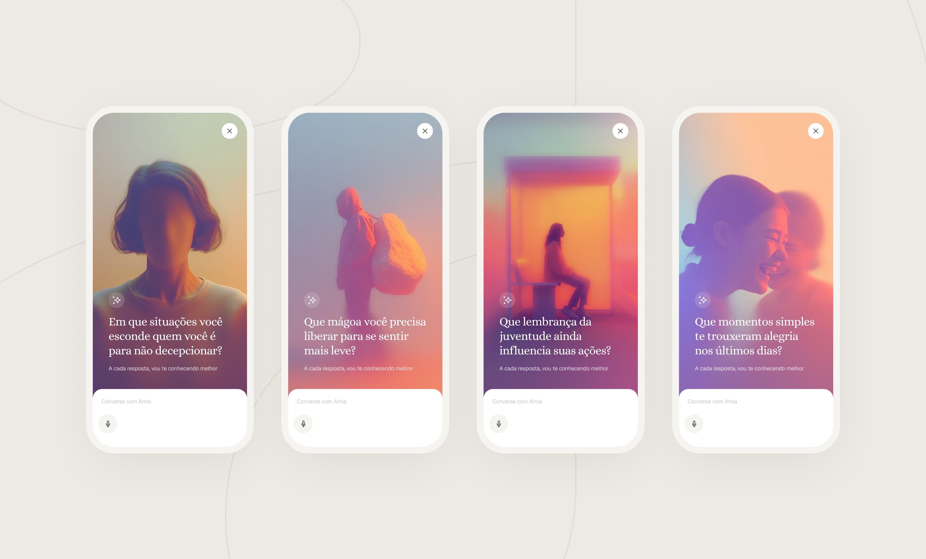 Interface do aplicativo Amia mostrando cards de perguntas reflexivas com design onírico e tipografia serifada, substituindo a tela em branco convencional de chatbots.