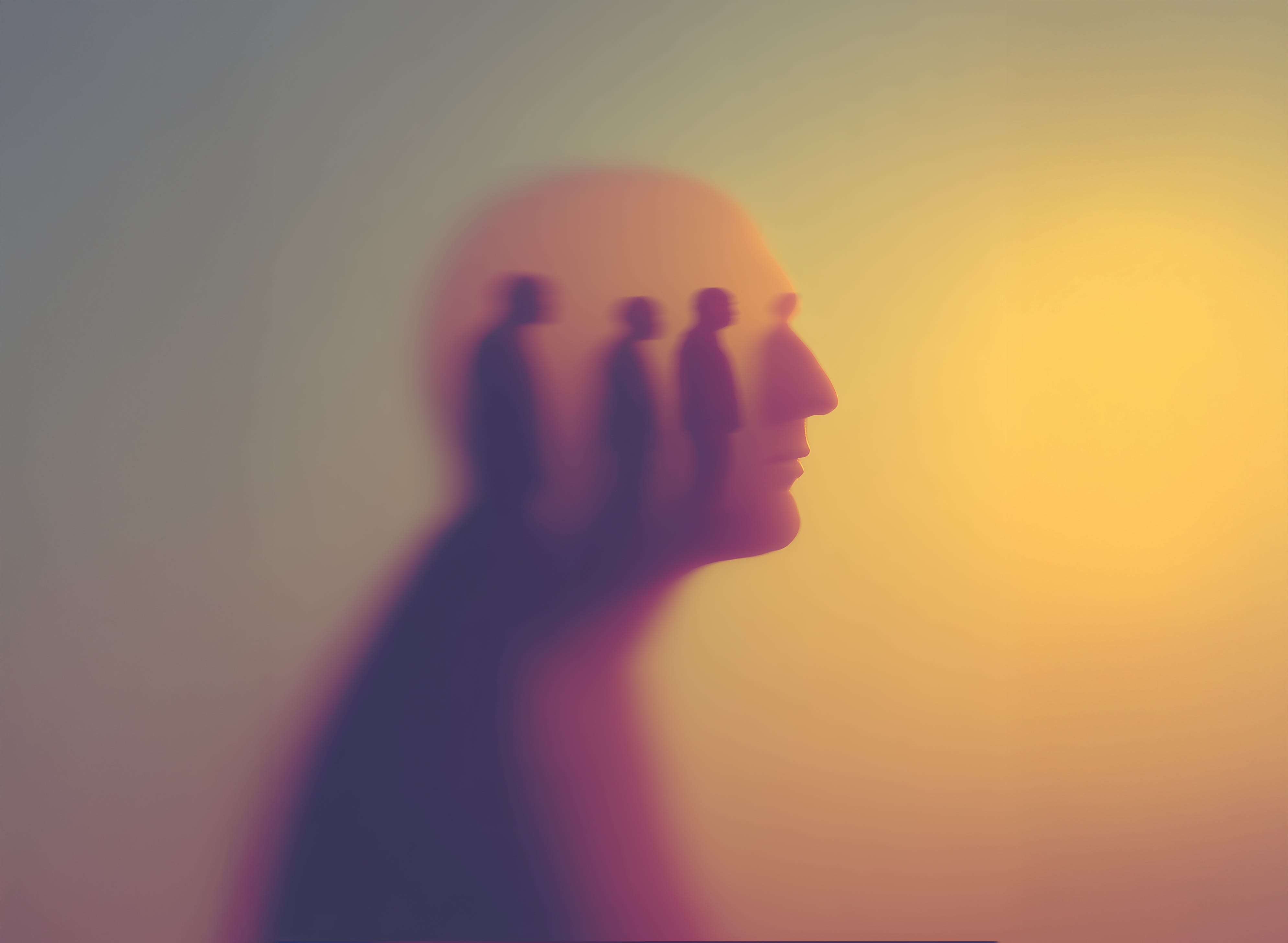 Perfil de uma cabeça humana com múltiplas silhuetas em fila dentro dela, ilustrando as vozes internas, o inconsciente e a complexidade emocional humana organizada pela IA.