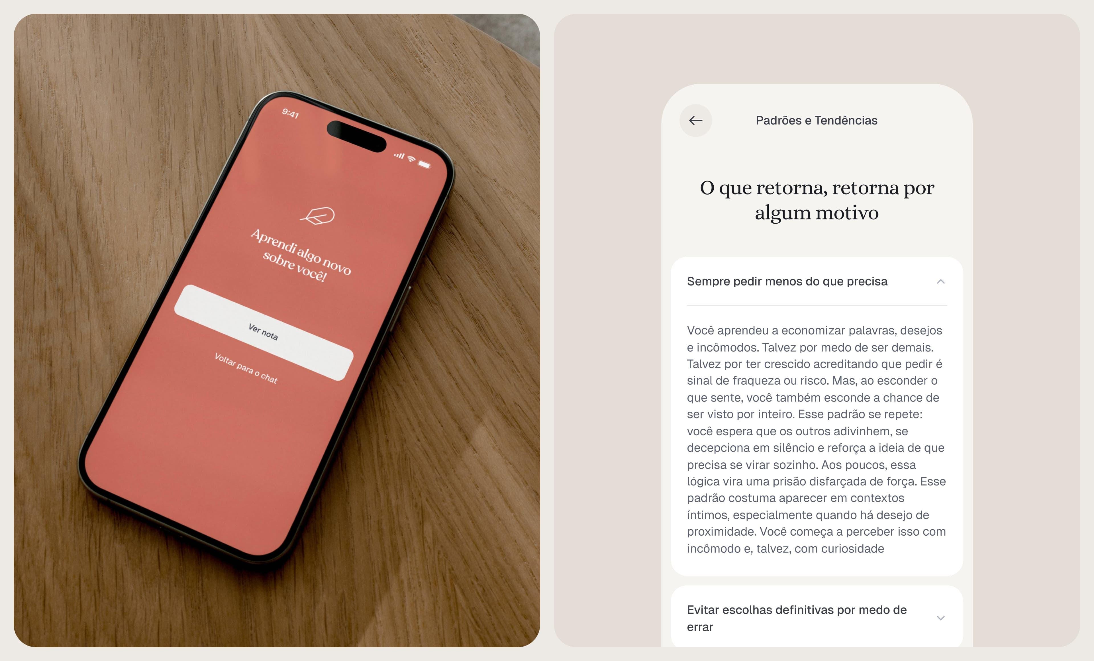 Interface do aplicativo Amia exibindo uma notificação de novo aprendizado da IA e o detalhe de uma nota gerada no caderno ‘Padrões e Tendências’, analisando um comportamento emocional específico do usuário