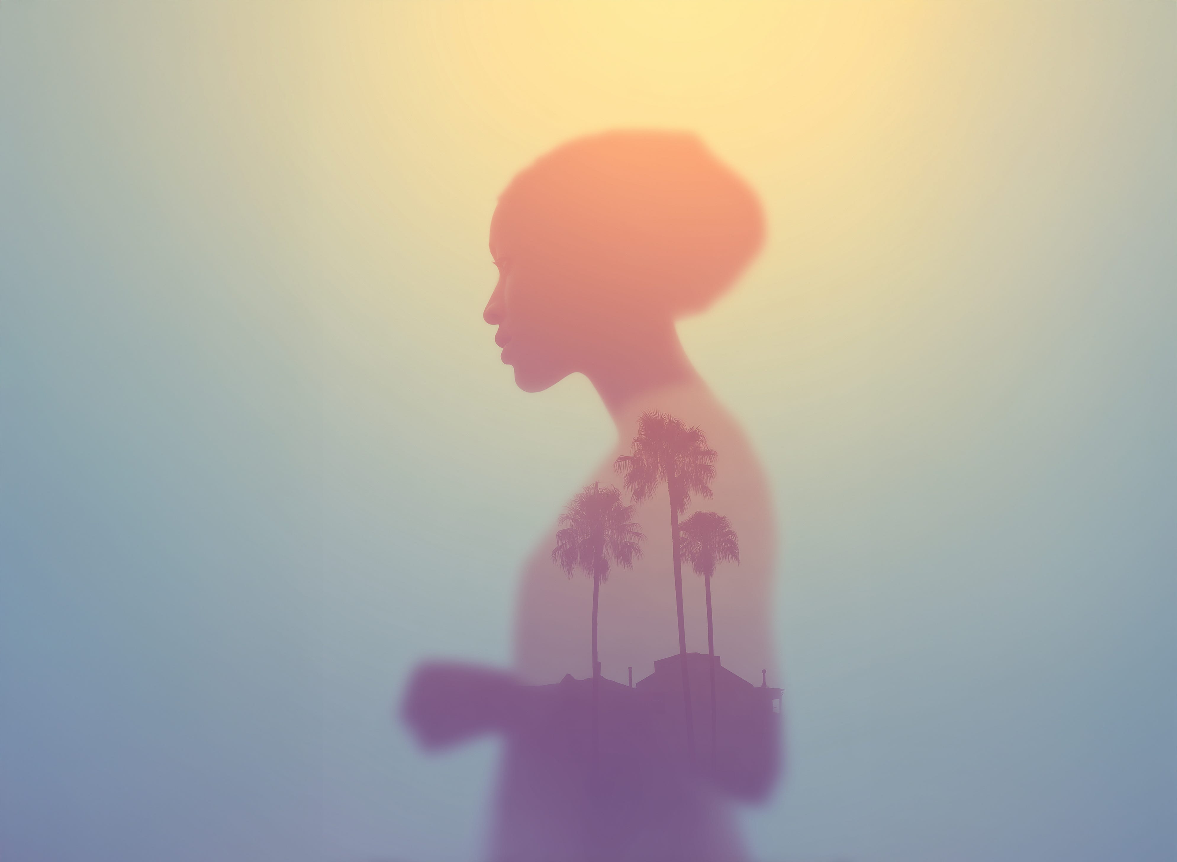 Artistic double exposure of a female silhouette filled with palm trees and a warm sunset, representing the tropicalization of AI for the Brazilian emotional context.