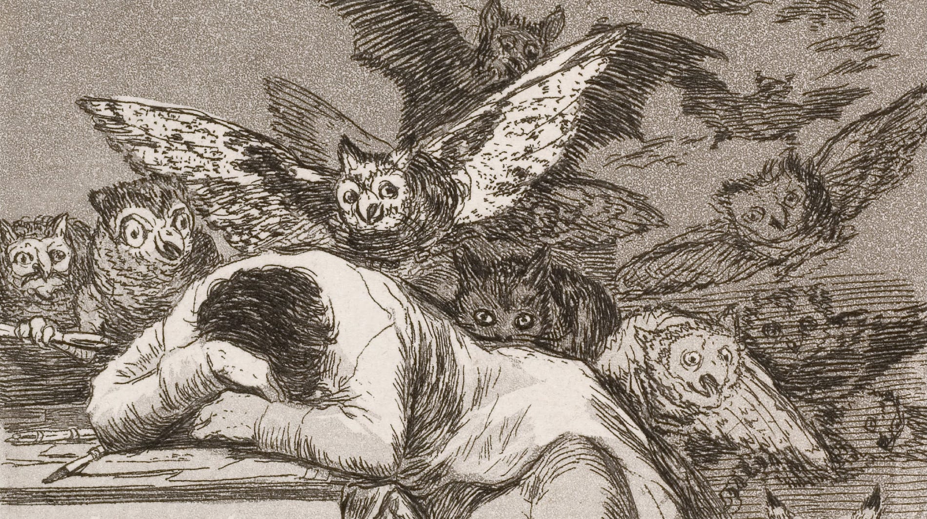 Francisco Goya’s etching ‘The Sleep of Reason Produces Monsters’ (c. 1797–1799) showing a sleeping figure at a desk surrounded by owls and bats in a dark, sketchy style