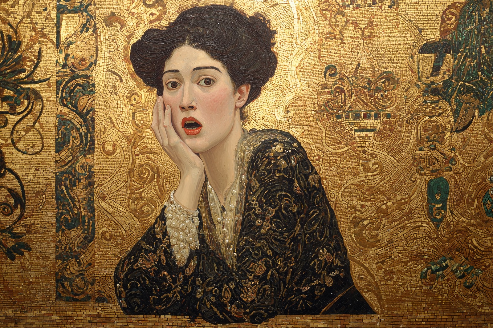 A surprised woman faces an intricate golden mosaic, representing the tension between exuberant form and clear content.