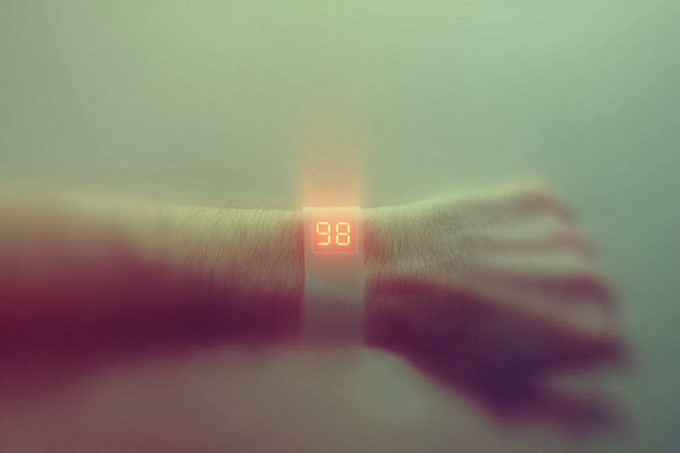 Smartwatch exibindo o número 98 em um pulso, ilustrando a quantificação constante da vida através de métricas