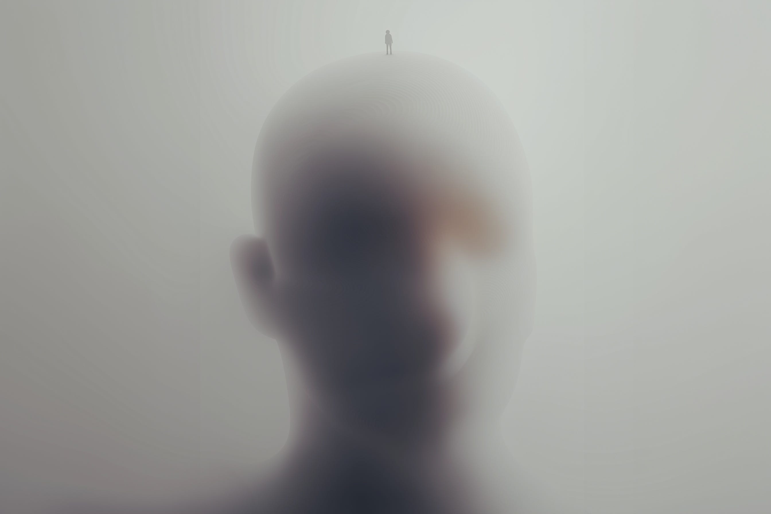 Imagem conceitual representando o desafio de dar forma ao que é fluido: silhueta humana desfocada vista através de superfície translúcida, com figura minúscula no topo da cabeça. A composição sugere investigador e investigado como parte do mesmo sistema, evidenciando os limites da medição quando aplicada à experiência humana.