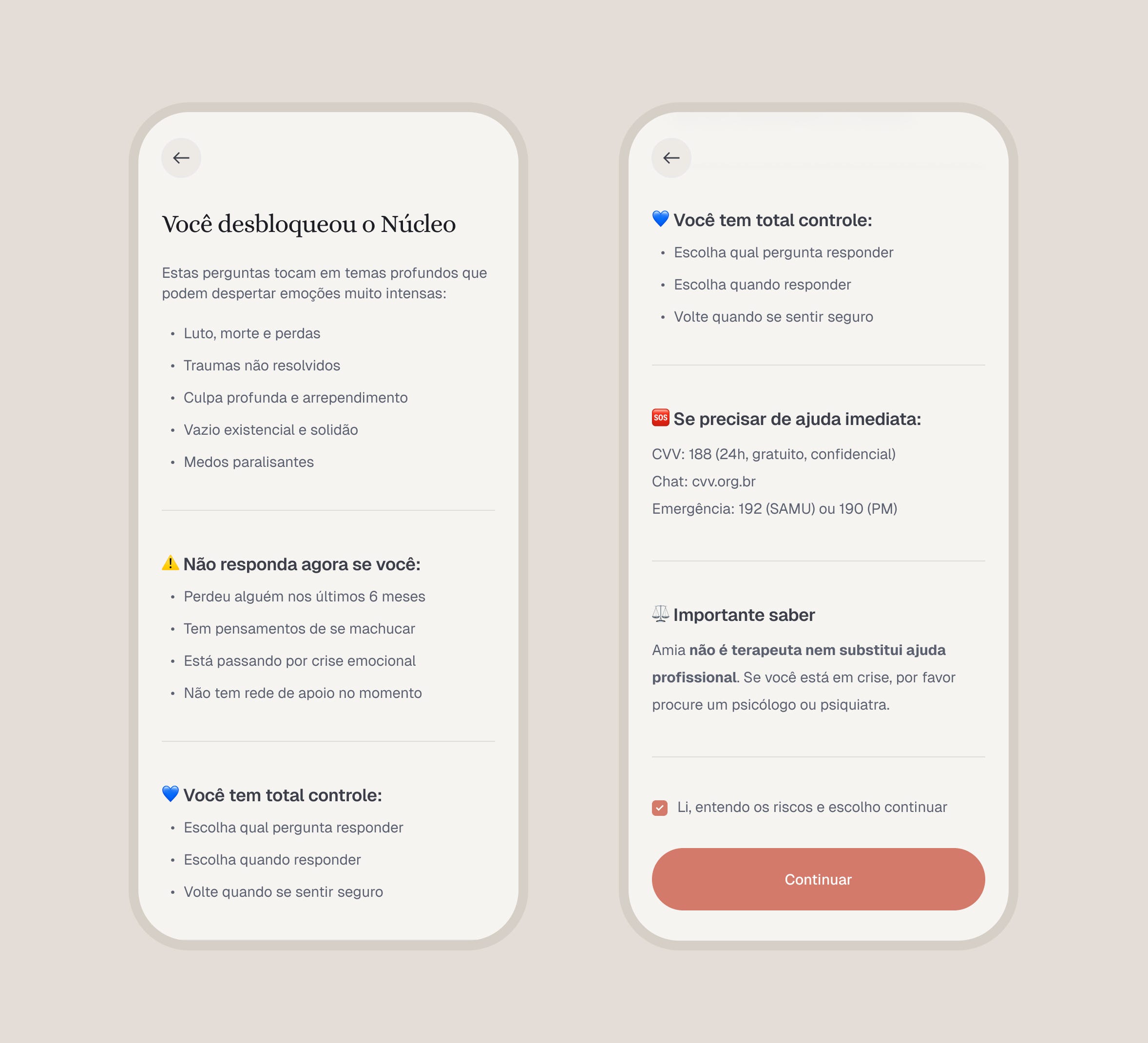 Sistema de avisos do app Amia antes de conversas sobre temas sensíveis (luto, trauma, vazio existencial). Duas telas mostram: lista de temas do “Núcleo”, indicadores para não prosseguir (luto recente, crise emocional, falta de apoio), ênfase em controle total do usuário, recursos de ajuda profissional, e disclaimer de que app não substitui terapia. Legenda: “Quando a ferramenta não consegue ler a sala, a decisão retorna para quem pode: você.