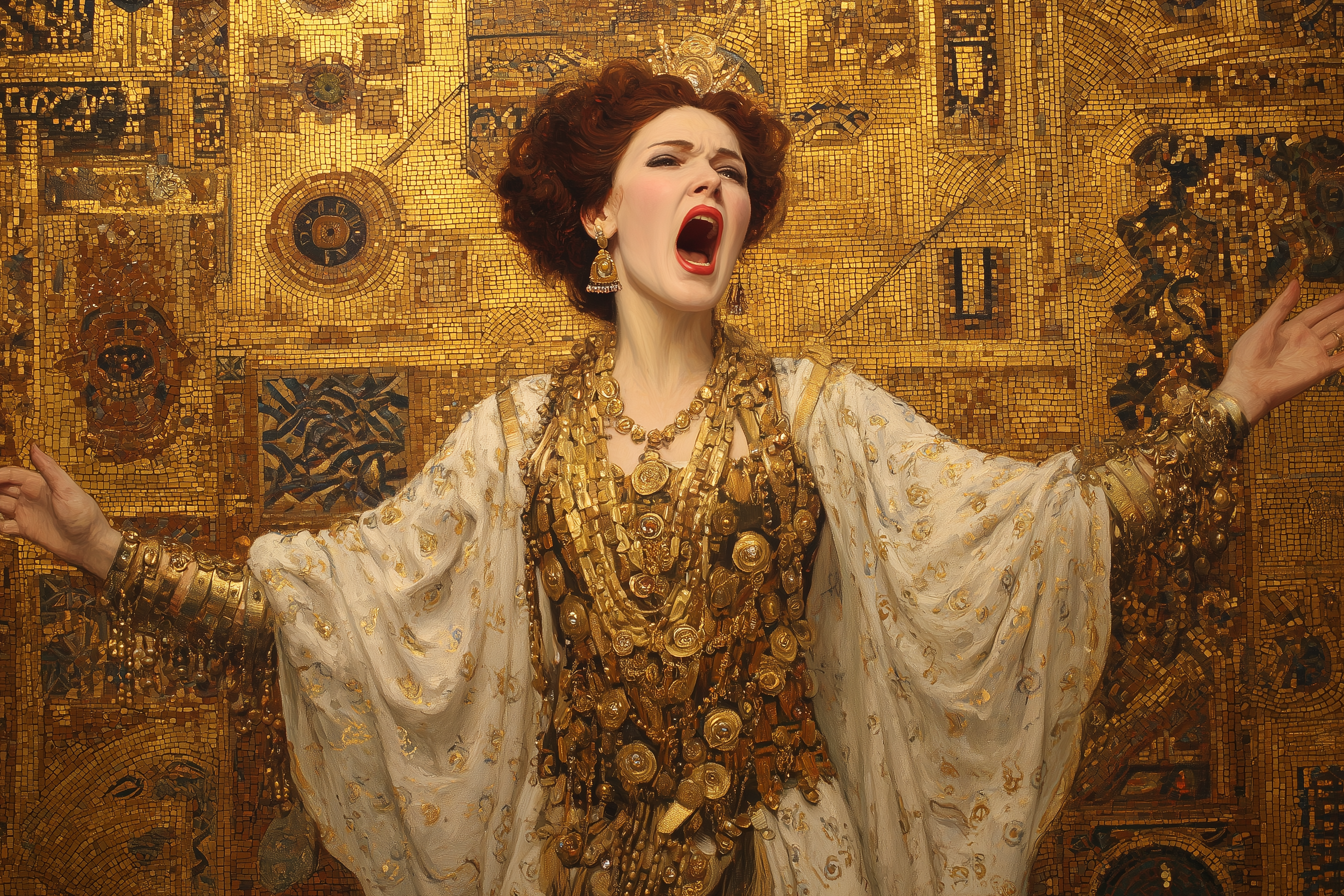Mosaico dourado retratando uma mulher em performance teatral dramática, com a boca aberta em expressão exagerada, braços estendidos em gesto grandioso, usando vestes ornamentadas com joias e padrões elaborados contra fundo decorativo bizantino.