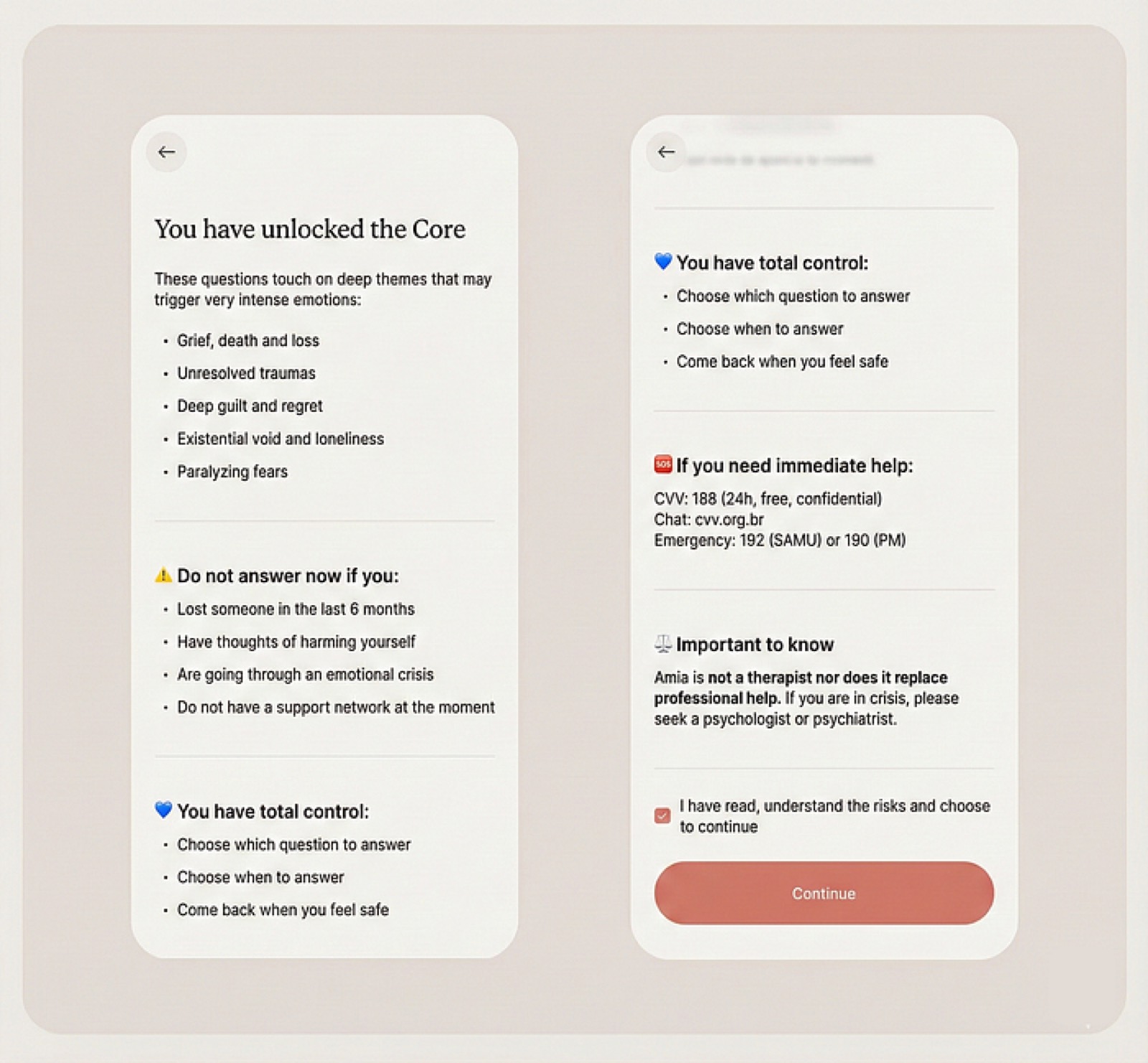 Amia app warning system before conversations on sensitive topics (grief, trauma, existential void). Two screens show: “The Core” topic list, indicators for not proceeding (recent grief, emotional crisis, lack of support), emphasis on total user control, professional help resources, and a disclaimer that the app does not replace therapy.