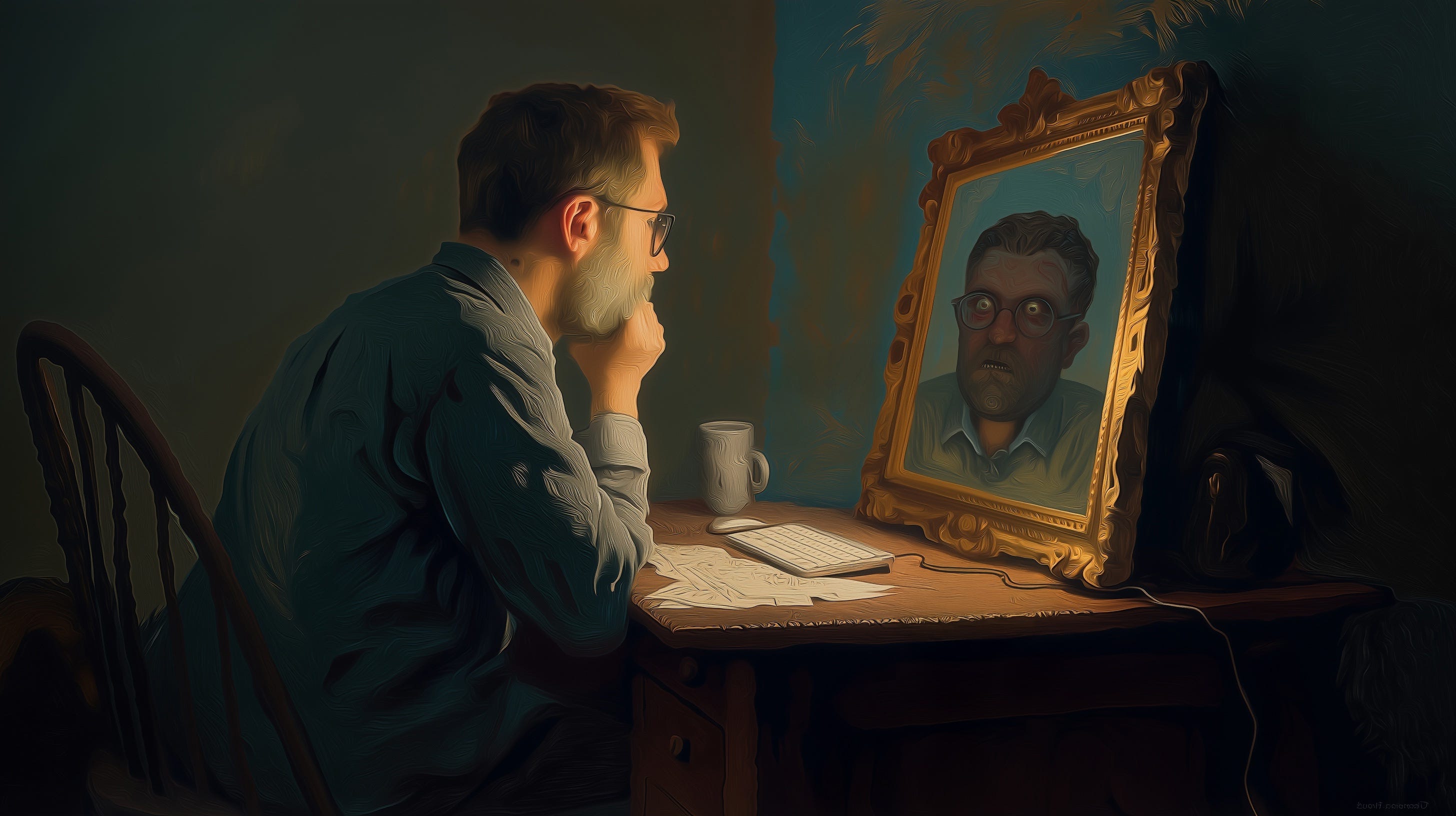 O mesmo designer das imagens anteriores sentado em sua mesa, olhando para um monitor de computador. No entanto, a tela reflete de volta uma versão monstruosa e distorcida de si mesmo, com olhos selvagens e expressão perturbadora. A atmosfera sombria com iluminação quente simboliza a síndrome de Frankenstein no trabalho criativo — como designers podem ser cegos às falhas óbvias em suas criações enquanto permanecem obcecados com seu trabalho.