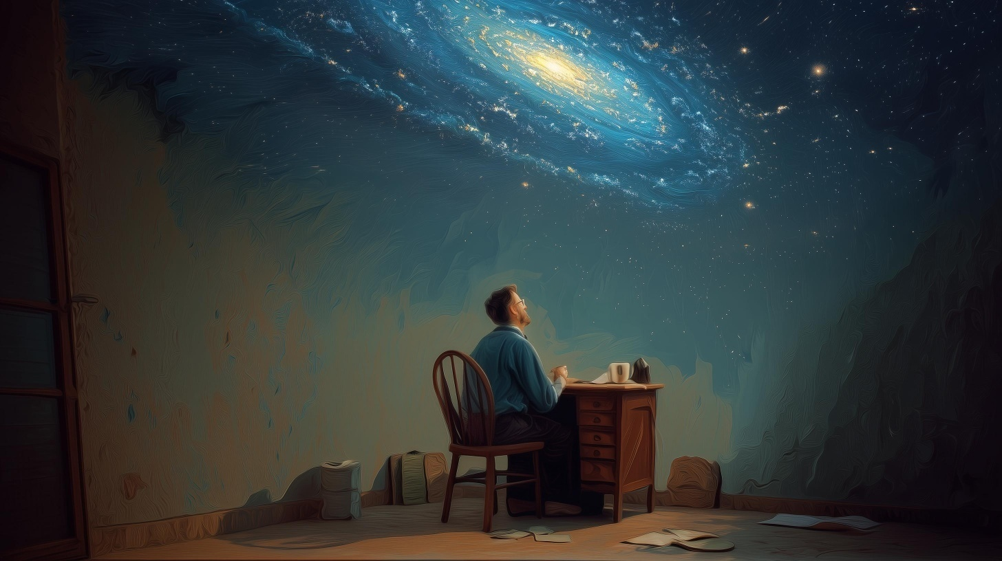 O mesmo designer das imagens anteriores sentado em sua mesa simples de madeira sob um vasto céu estrelado e galáxia visível através do que parece ser um teto aberto. A escala cósmica reduz a figura humana, representando nosso pequeno lugar no universo enquanto ainda engajado no trabalho criativo, simbolizando o contraste entre preocupações humanas e perspectiva cósmica, e encontrando paz em nossa insignificância cósmica.